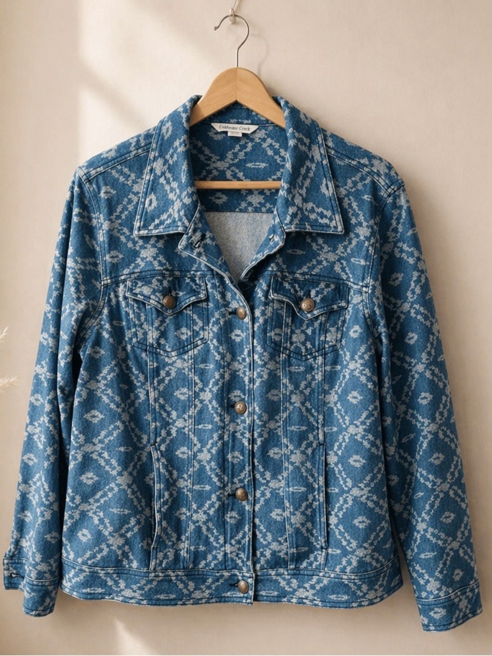 Coldwater Creek Denim Button Jacket Western Aztec Large Geometric Country Jean